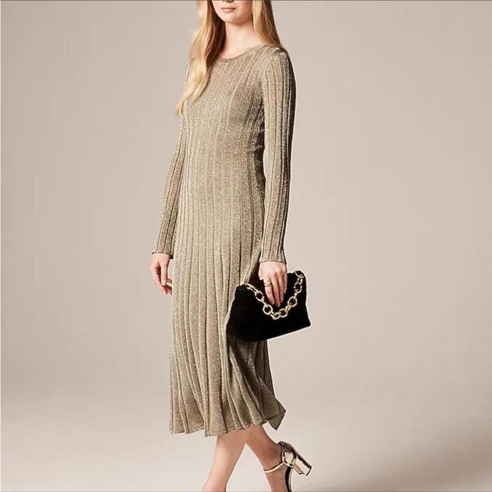 J. Crew Metallic Gold Pleated Long-Sleeve Midi Dress